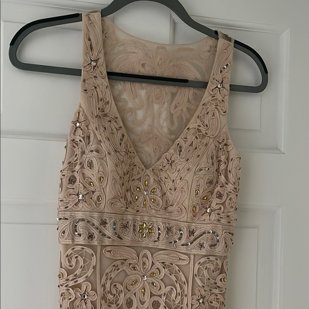 Sue Wong Pink Tan Sheath Dress V-Neck Sleeveless